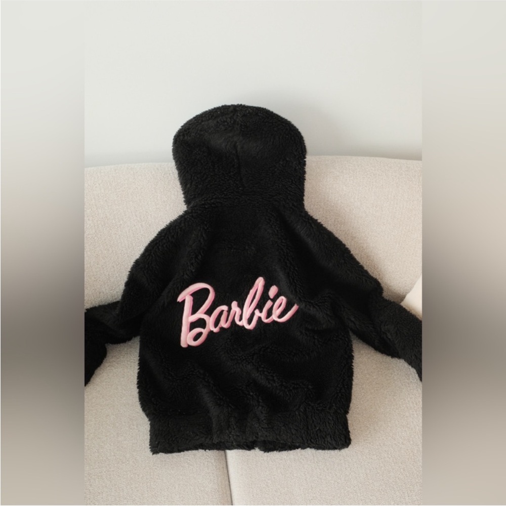 Barbie x Ozlana Black Fuzzy Hoodie with Pink Barbie Logo